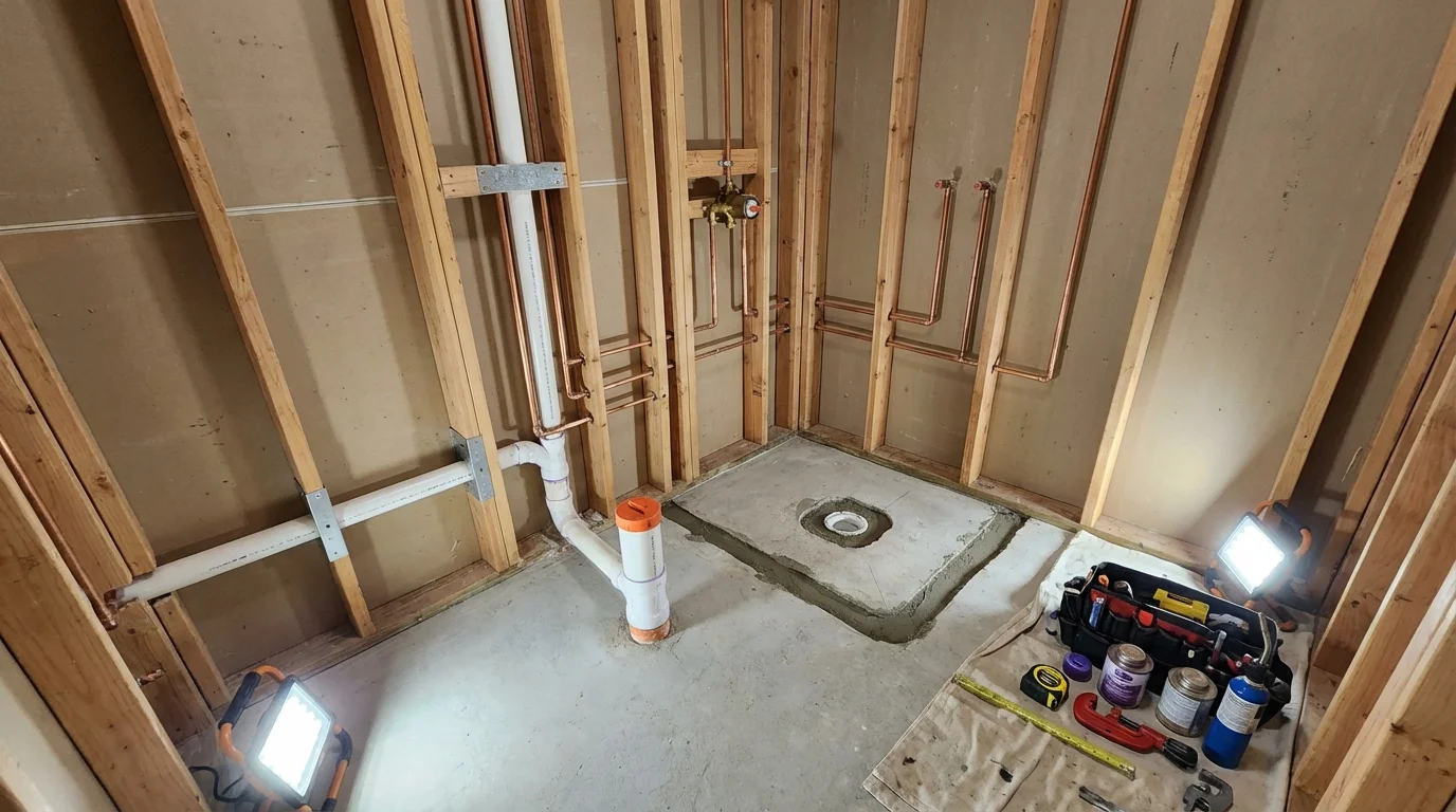 Bathroom rough-in plumbing during remodel by Johns Plumbing LLC in Squaw Valley
