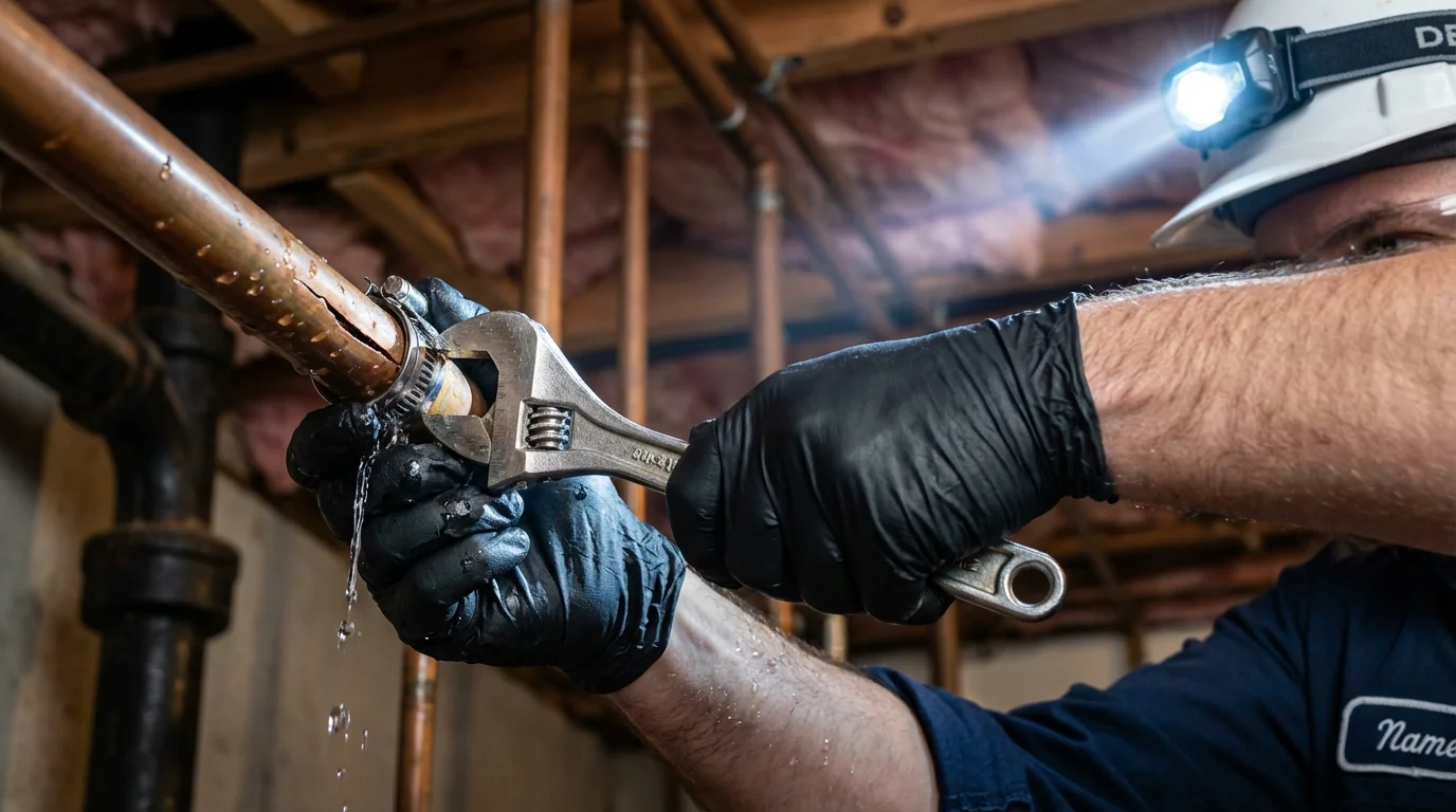 Emergency pipe clamp repair being performed by a Johns Plumbing LLC plumber in Squaw Valley