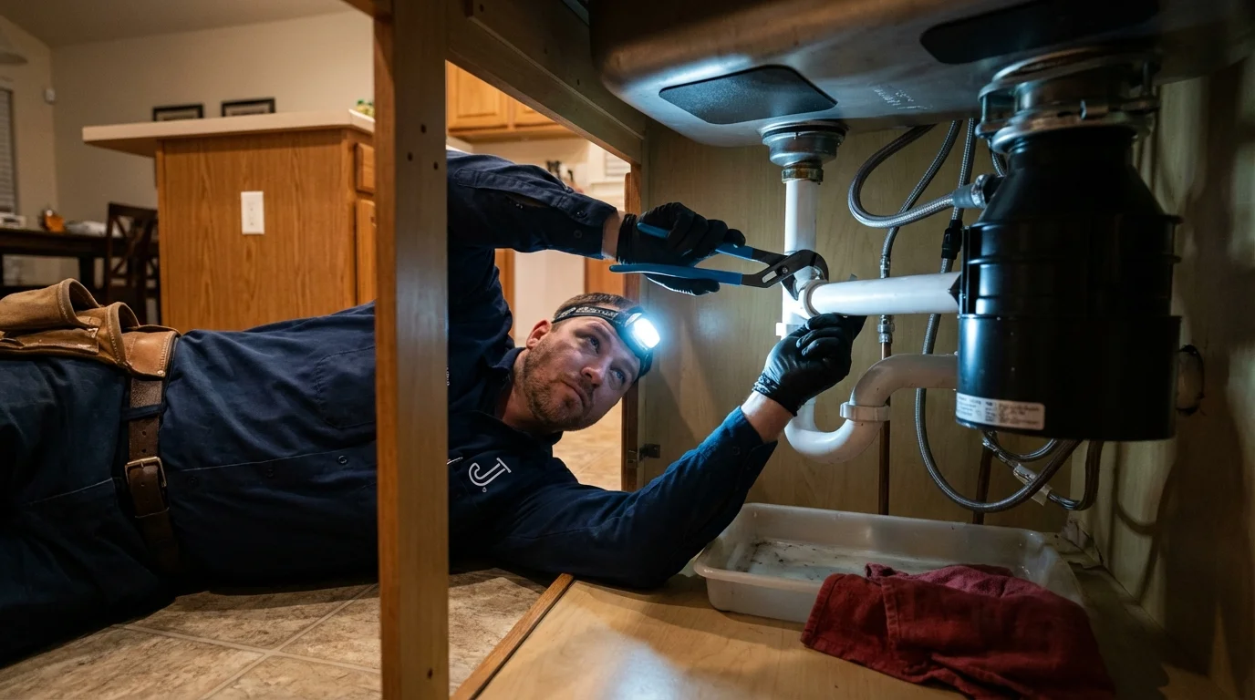 P-trap and supply line connections under a kitchen sink showing a common leak point in Squaw Valley, CA